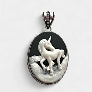 Cameo Unicorn Equestrian Sterling Silver 2” Pendant